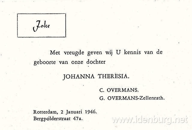 1947 Januari Geboortekaart Joke